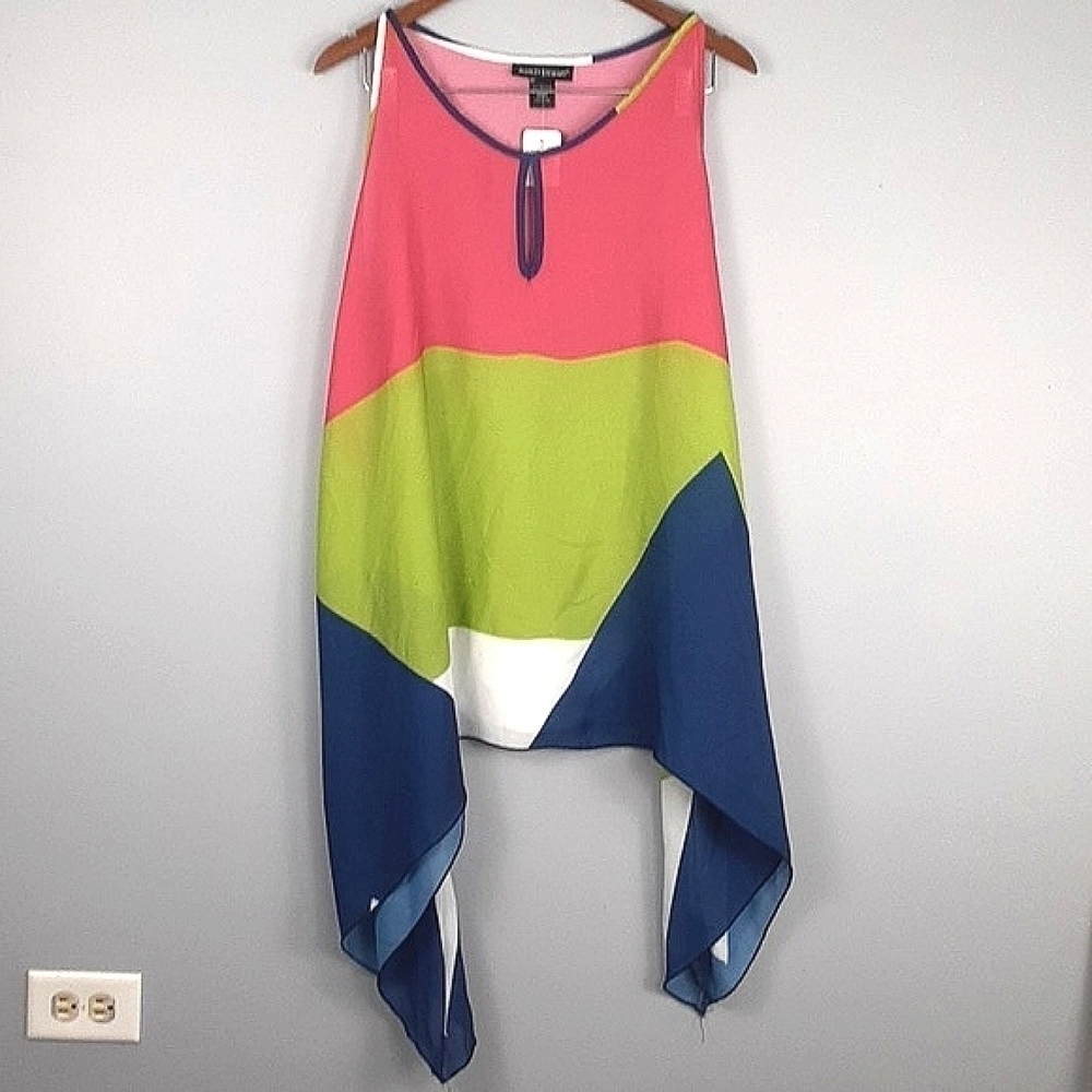 Ashley Stewart Sodalite Colorblock Asymmetrical Sleeveless Loose Fit Top